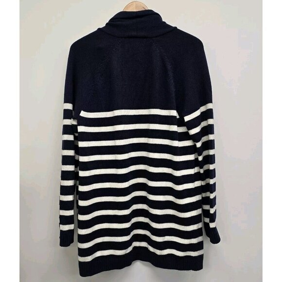 Talbots Open Front Cardigan Sweater Large Navy And Cream Striped Cashmere Blend - Picture 2 of 6